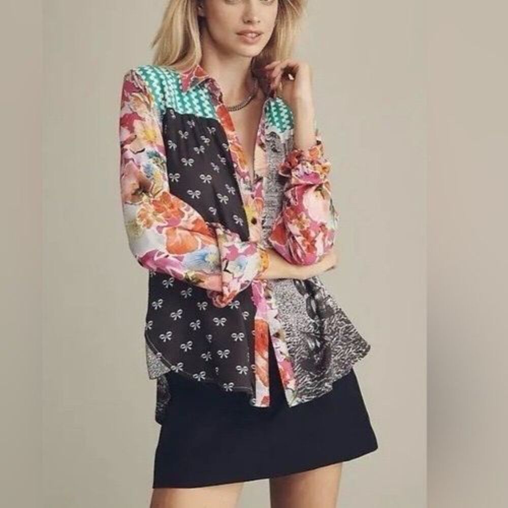 Anthropologie MAEVE The Paz Multi Mixed Print Button Up Shirt Floral Nautical XS - Picture 6 of 11